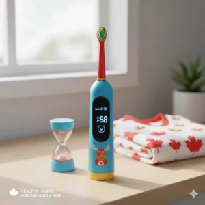 A colorful smart electric toothbrush for kids with a 2-minute timer graphic to help Canadian families build healthy habits.