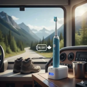 A graphic showing the long-lasting battery life, ideal for Canadian road trips or camping.
