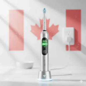 Graphic showing a long-lasting battery indicator for an electric toothbrush, highlighting convenience for the Canadian lifestyle.