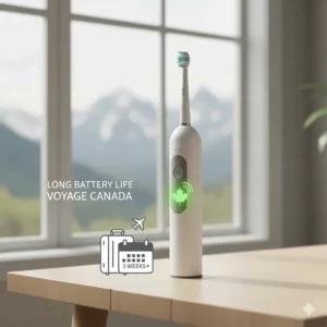 Illustration of a rechargeable electric toothbrush with long battery life for Canadian travelers.