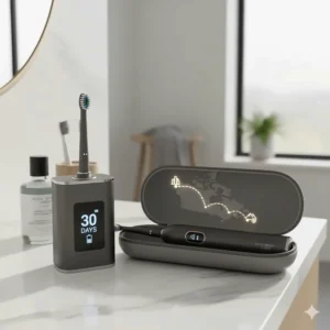 An illustration showing a 30-day battery life icon, perfect for Canadians traveling from Toronto to Vancouver without a charger.