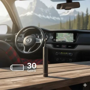 Graphic showing a 30-day battery icon next to a travel electric toothbrush, ideal for long Canadian road trips.