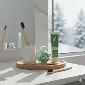 Illustration of a morning routine in Canada featuring the best manual toothbrush alongside dental floss and fluoride toothpaste.