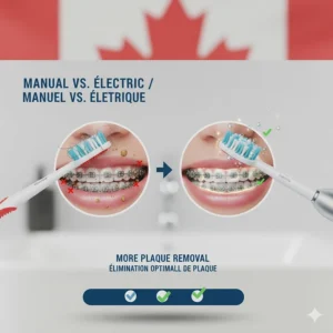 Comparison chart illustrating why electric toothbrushes remove more plaque around braces than manual brushes for Canadian patients.