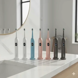 A lineup of sonic toothbrushes in various colors like Midnight Black and Arctic White, reflecting modern Canadian interior design trends.