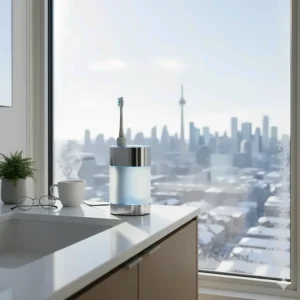 An electric toothbrush with UV sanitizer beside a window overlooking a snowy Canadian cityscape.