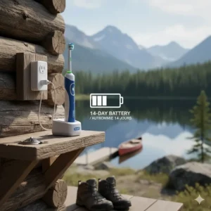 Illustration showing the long-lasting battery life and charging station for an Oral-B electric toothbrush.