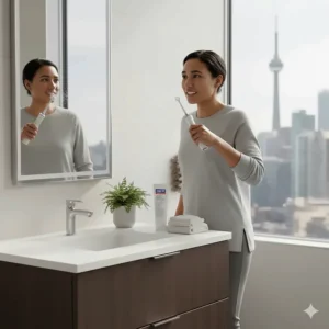 A person using an Oral-B electric toothbrush in a modern Canadian bathroom, highlighting advanced dental care for a healthy smile.