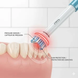 Illustration of the Oral-B electric toothbrush pressure sensor turning red to protect sensitive gums during brushing.