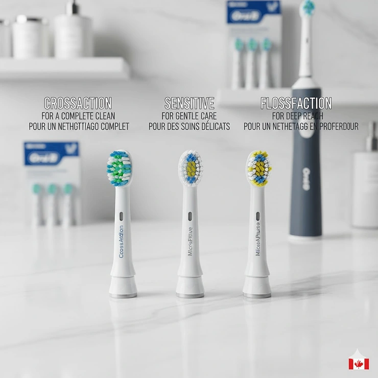 Variety of Oral-B electric toothbrush replacement heads available in Canada for sensitive teeth and whitening.