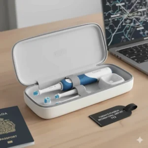 A premium travel case for an Oral-B electric toothbrush, ideal for Canadians traveling across provinces or abroad.
