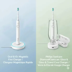 Comparison of the Oral-B iO magnetic fast charger and the Philips Sonicare DiamondClean elegant charging glass and travel case.