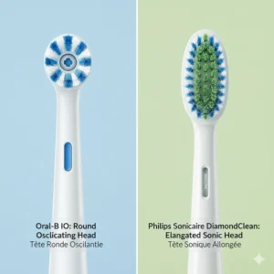 Illustration comparing the Oral-B iO round oscillating brush head with the Philips Sonicare DiamondClean elongated sonic brush head.