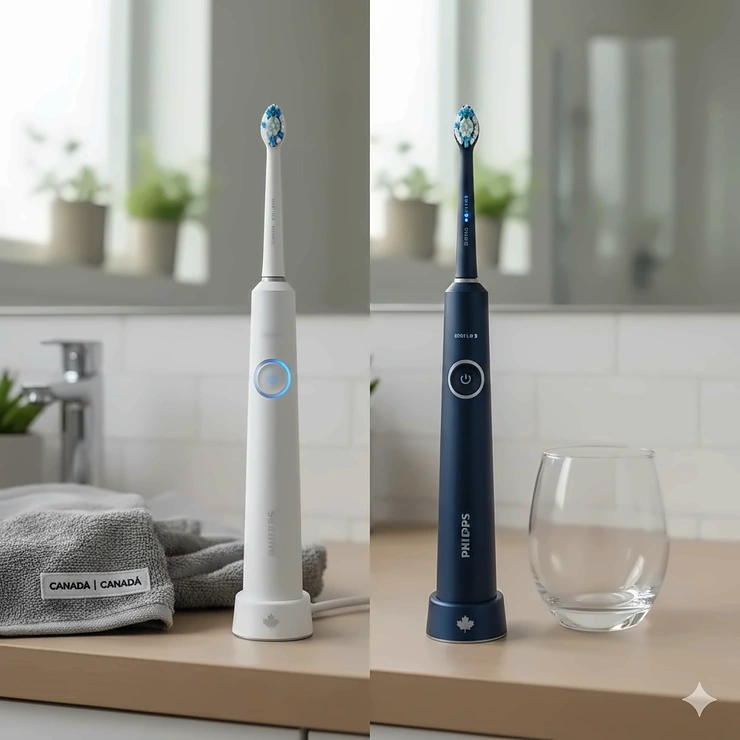 Comparison of Oral-B iO and Philips Sonicare DiamondClean electric toothbrushes on a bathroom vanity in a Canadian home. Oral-B iO vs Philips Sonicare DiamondClean
