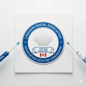 User interface of Oral-B and Philips Sonicare smart apps with bilingual English and French settings available in Canada.