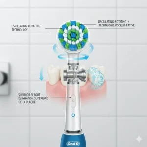 Technical diagram of the Oral-B electric toothbrush round brush head designed for superior plaque removal compared to manual brushes.