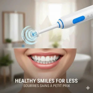 A stylized illustration of a bright smile and a power toothbrush, emphasizing dental hygiene for Canadian families on a budget.