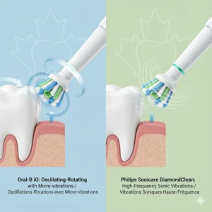 Diagram explaining Oral-B iO oscillating-rotating micro-vibrations versus Philips Sonicare DiamondClean high-frequency sonic vibrations.