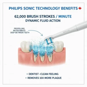 A technical illustration showing Philips sonic technology benefits, demonstrating 62,000 brush strokes per minute pulsing fluid between teeth for a dentist-clean feeling.
