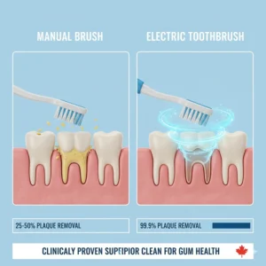 Infographic comparing plaque removal rates of manual brushes versus an electric toothbrush for gum disease.