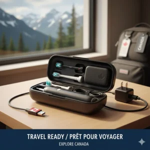 A hardshell travel case for an electric toothbrush with a USB charger and Canadian-themed travel accessories on a wooden table.