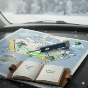 Illustration of a long-lasting rechargeable electric toothbrush battery, ideal for Canadian road trips or travel.