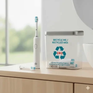 Illustration of recyclable toothbrush heads and sustainable disposal programs available to Canadian consumers.