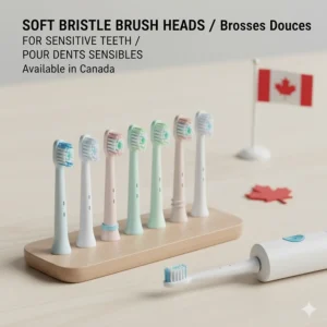 An illustration of different soft-bristle brush heads available in Canada for an electric toothbrush under $100.