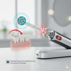 Illustration of a smart electric toothbrush with a red light warning against hard brushing, designed for Canadian dental health standards.