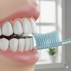 Illustration showing how a soft bristle toothbrush gently cleans sensitive gums without causing irritation.