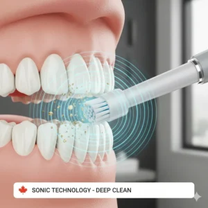 Cross-section illustration showing sonic vibrations of a smart electric toothbrush removing plaque between teeth effectively.