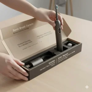 Unboxing a high-performance sonic toothbrush showing the English and French bilingual packaging required for the Canadian market.