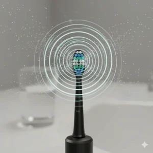Technical illustration of sonic vibration waves from a travel electric toothbrush head for effective plaque removal.