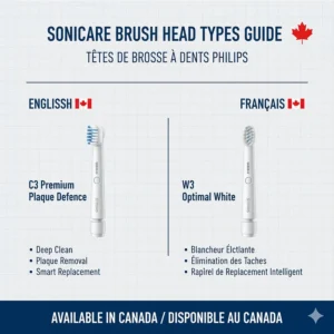 A bilingual guide to Sonicare brush head types (têtes de brosse), highlighting the C3 Premium Plaque Defence and W3 Optimal White models available in Canada.