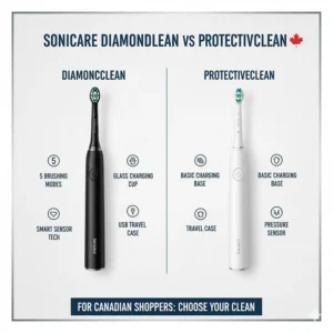 An infographic comparing Sonicare DiamondClean vs ProtectiveClean features including pressure sensors, brushing modes, and travel case styles for Canadian shoppers.