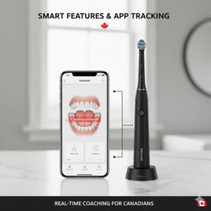 An illustration showing the Philips Sonicare app interface on a smartphone alongside a Prestige 9900, highlighting real-time brushing feedback and pressure alerts.