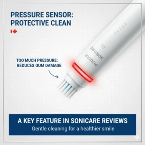 Close-up of a Sonicare ProtectiveClean handle showing the pressure sensor light, a key feature explained in "which Sonicare model is best" buyer guides.