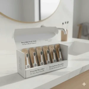 Recyclable sonic toothbrush replacement heads arranged neatly, catering to the eco-conscious Canadian consumer.