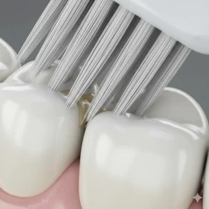 Close-up illustration of tapered soft bristles reaching deep between teeth for a superior clean.
