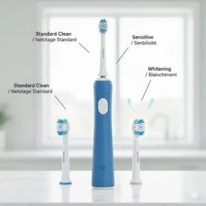 Comparison of different replacement heads for a rechargeable electric toothbrush, including sensitive and whitening options.