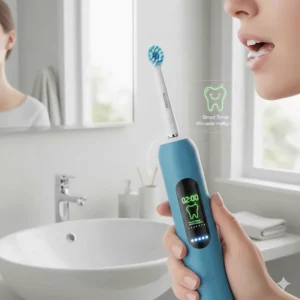 Illustration showing a 2-minute smart timer on a rechargeable electric toothbrush for a thorough clean.