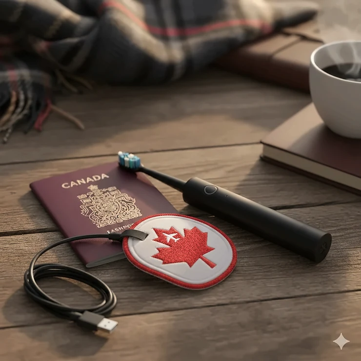 A premium travel electric toothbrush placed next to a Canadian passport and a maple leaf luggage tag on a wooden surface.