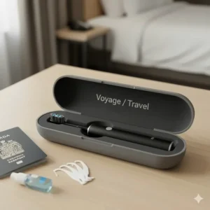 A protective travel case for an electric toothbrush with "Voyage / Travel" text, emphasizing hygiene on the go.