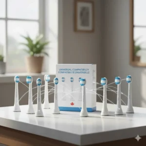 Illustration showing various electric toothbrush replacement heads compatible with major brands available in Canada.