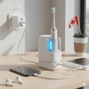 Convenient USB-C charging station for an electric toothbrush, compatible with Canadian power standards.