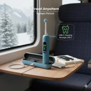 A rechargeable electric toothbrush charging via USB, highlighting portability for Canadian commuters and travelers.