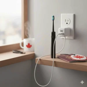 Illustration of a travel electric toothbrush charging via USB near a Canadian Type A power outlet.