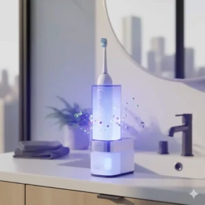 Close-up of the UV light chamber eliminating 99.9% of germs on an electric toothbrush head.