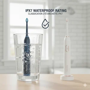 A graphic showing the IPX7 waterproof rating for Aquasonic vs Fairywill, safe for use in the shower.