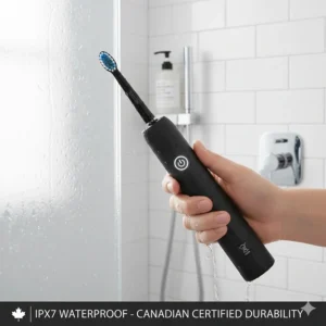 An IPX7 waterproof smart electric toothbrush being used in a shower, demonstrating durability and Canadian safety certifications.